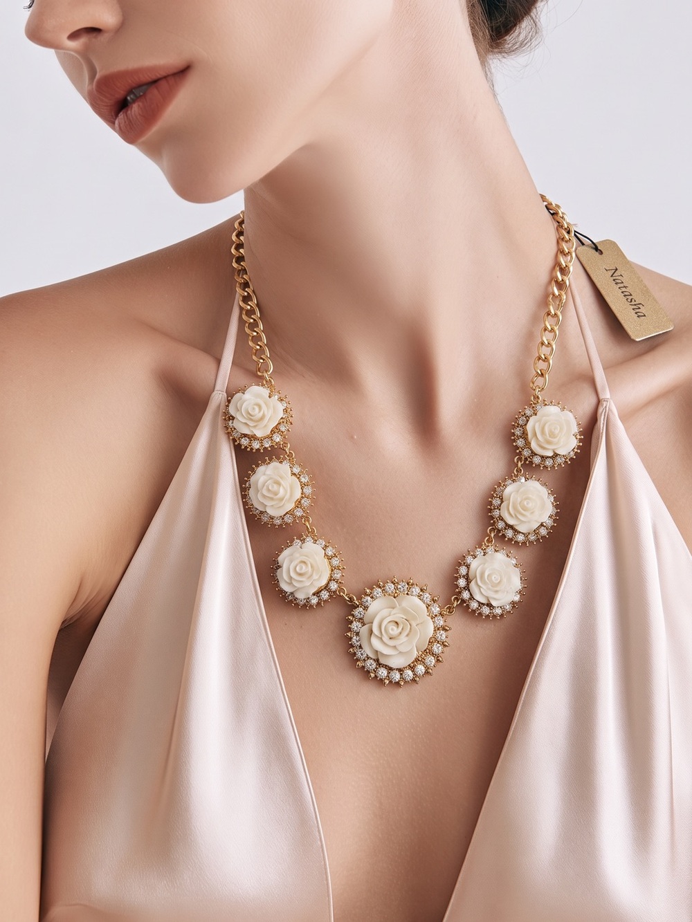 Natasha Gold-Tone Cream Rose and Crystal Statement Necklace New With Tags
